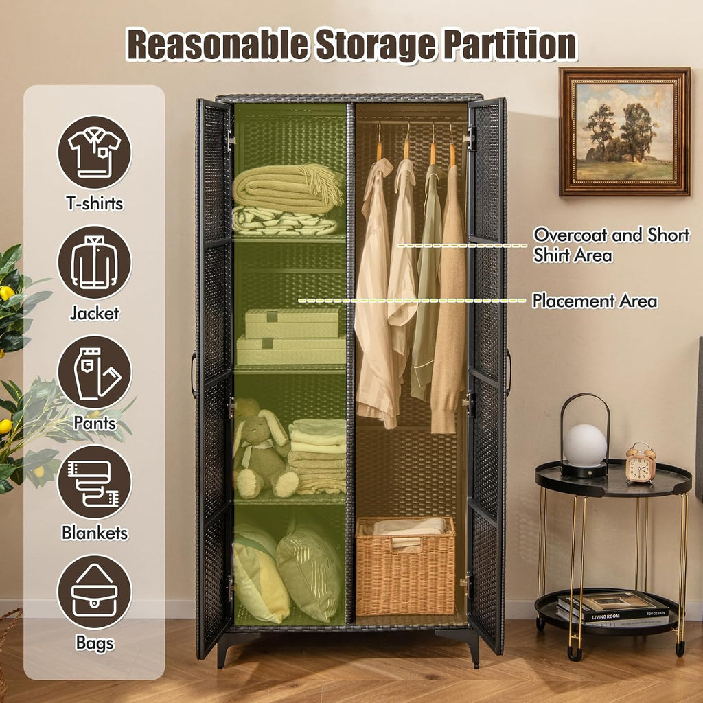 Giantex Wicker Storage Cabinet, 62' Tall Pantry Cabinet with 2 Doors, Hanging Rod, 4 Storage Cubes, Metal Legs, Anti-Tipping Device, PE Rattan Storage Cabinet for Home Office, Garage Cabinets (Black)