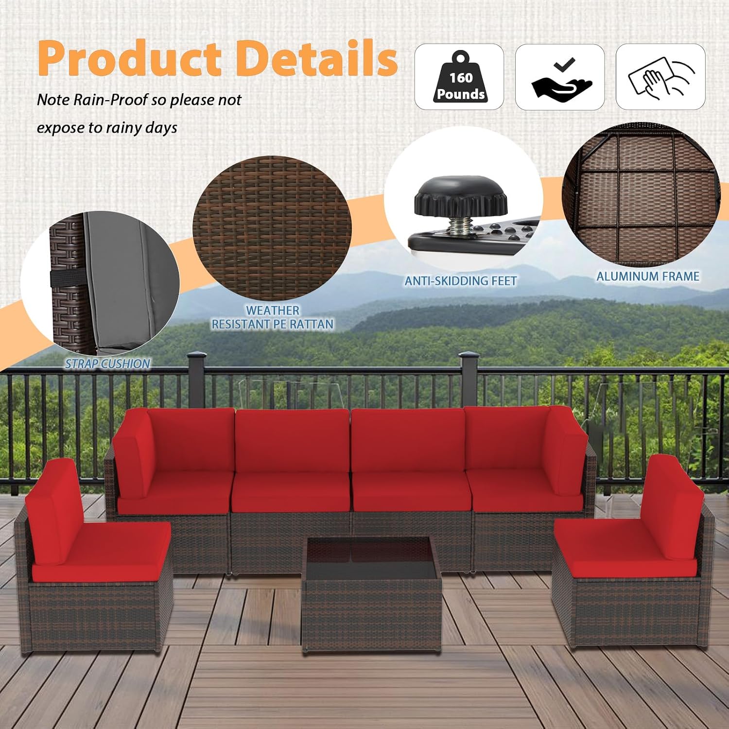 AECOJOY 7 Piece Outdoor Patio Furniture Set, Outdoor Sectional Conversation Furniture Chair with Coffee Table,Patio Sectional for Garden,Backyard(Red Cushions and Brown PE Rattan)