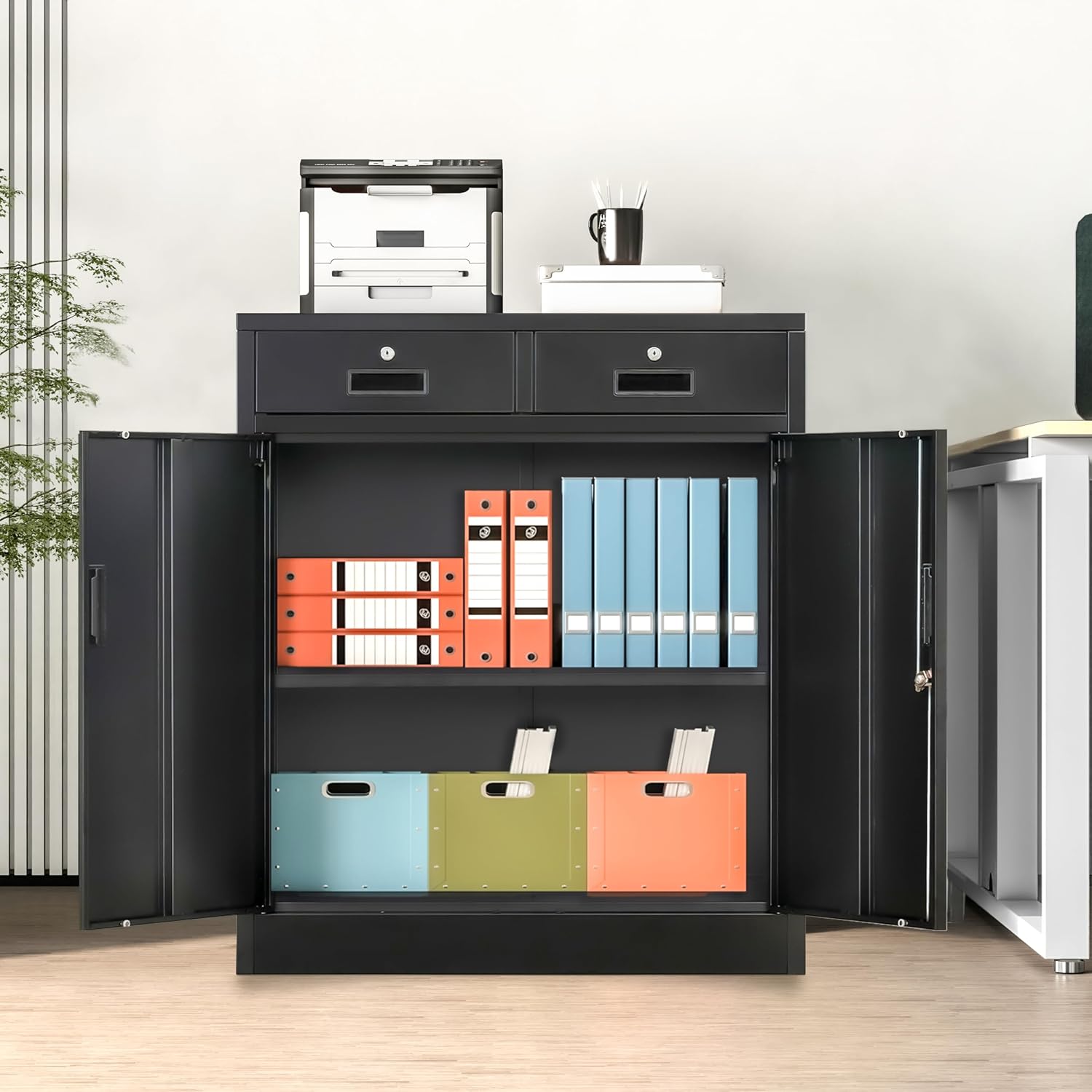 Wanfu Metal Storage Cabinet, 36' H Locking Storage Cabinet with 2 Drawers and Adjustable Shelf, Metal Cabinets for Office, Garage, Home-Black