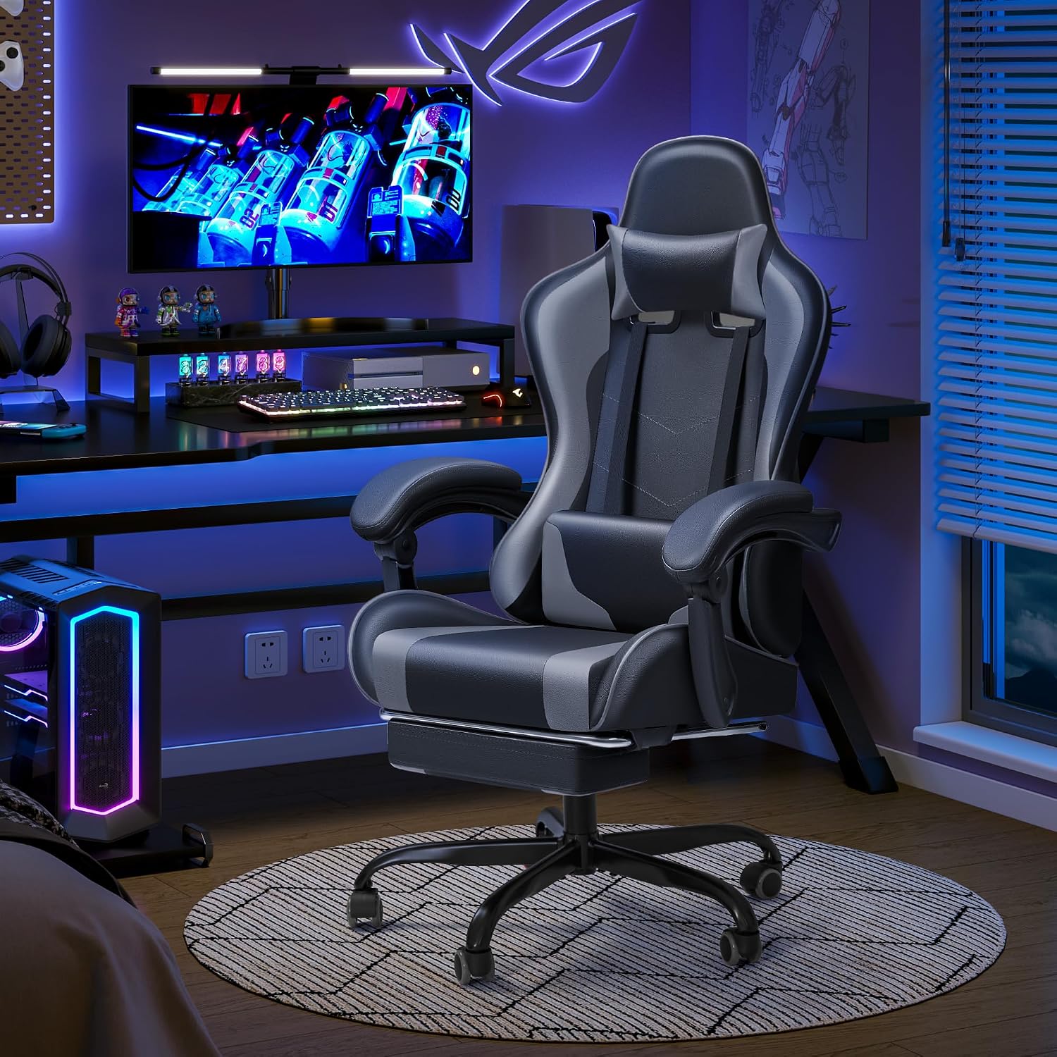 JUMMICO Gaming Chair Ergonomic Computer Chair with Footrest and Massage Lumbar Support, Height Adjustable Video Gaming Chair with 360° Swivel Seat and Headrest (Grey)