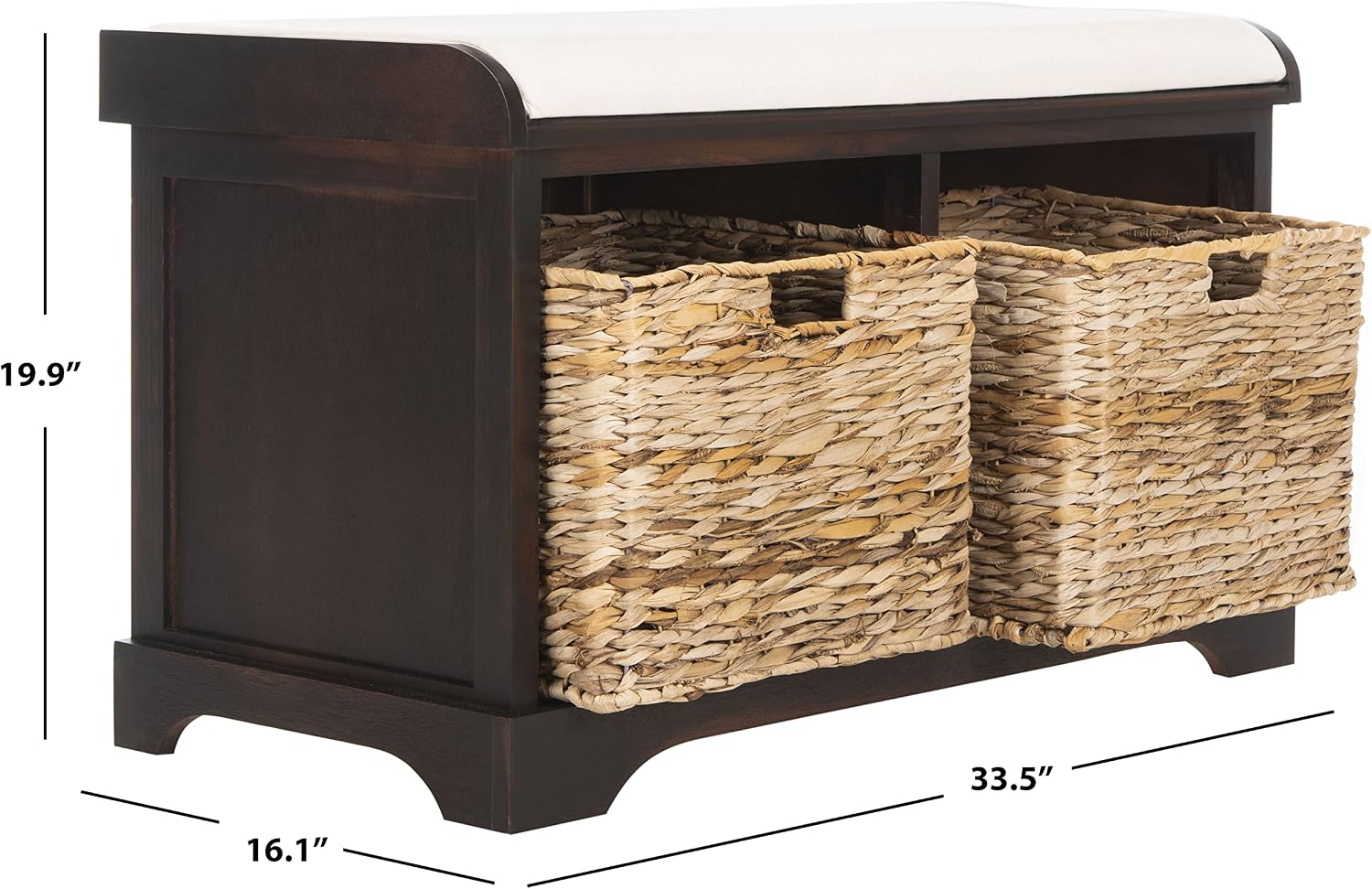SAFAVIEH Home Collection – Freddy Brown Storage Bench with Wicker Baskets & Cushion, Entryway Seating Bench, Fully Assembled (AMH5736A)