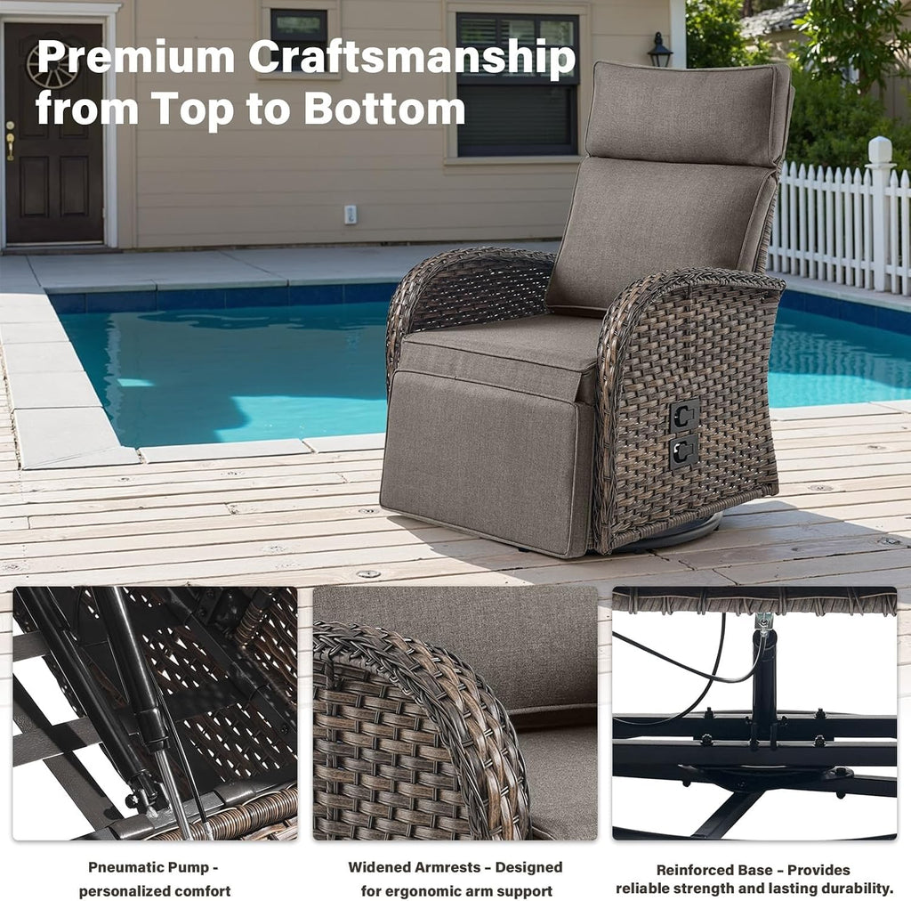 Dual-Adjust Swivel Outdoor Recliner Chair Set of 3 - Reclining Patio Chair with Adjustable Backrest and Footrest, All-Weather Wicker Chaise Lounge Outdoor with Side Table for Pool Deck Brown Grey
