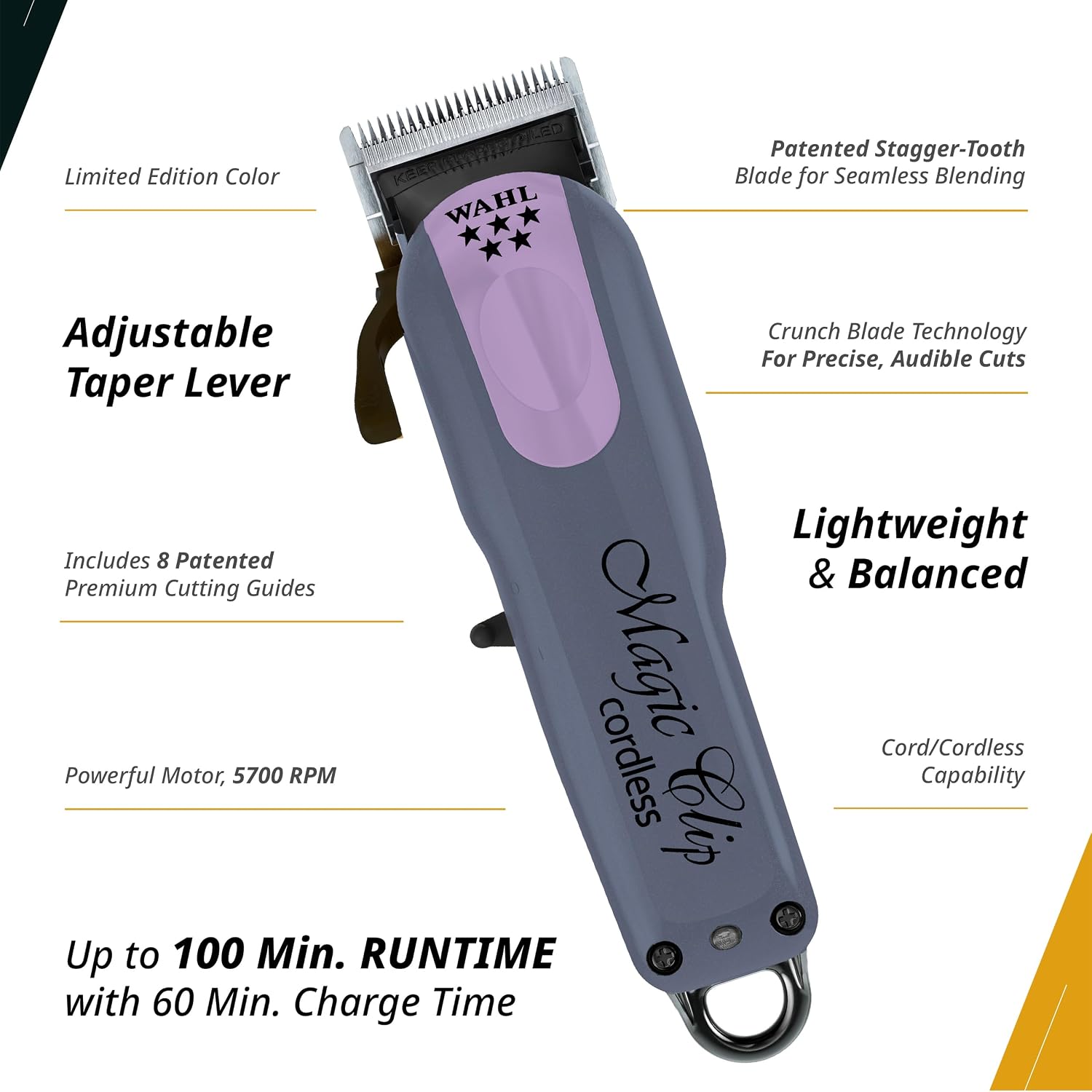 Wahl Professional 5 Star Series Magic Clip Cordless Hair Clipper, Stagger-Tooth Blade Professional Hair Trimmer with Attachments, 100+ Minute Run Time