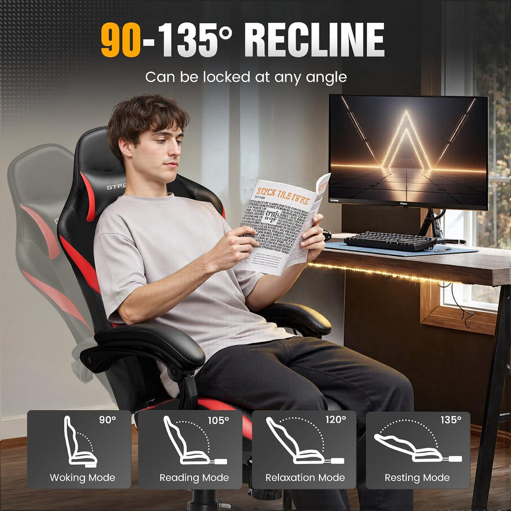 GTPLAYER Gaming Chair with Foot Rest & Pocket Spring Cushion, Ergonomic High Back Computer Chair with Headrest & 360°-Swivel Seat for Home Office Desk, PU Leather, Red
