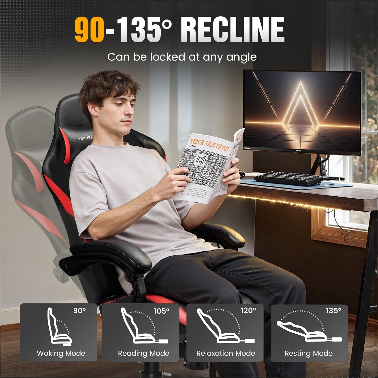 GTPLAYER Gaming Chair with Foot Rest & Pocket Spring Cushion, Ergonomic High Back Computer Chair with Headrest & 360°-Swivel Seat for Home Office Desk, PU Leather, Red