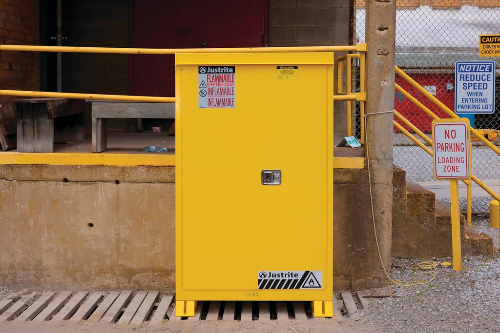 Justrite Reinforced Steel Outdoor Flammable Liquid Storage Cabinet, 2 Shelves with 350 lb. Capacity, 2 Self-Close Door Fire Cabinet, 30 Gallon, 44'x 43'x 18', Made in The USA, Yellow, 813020