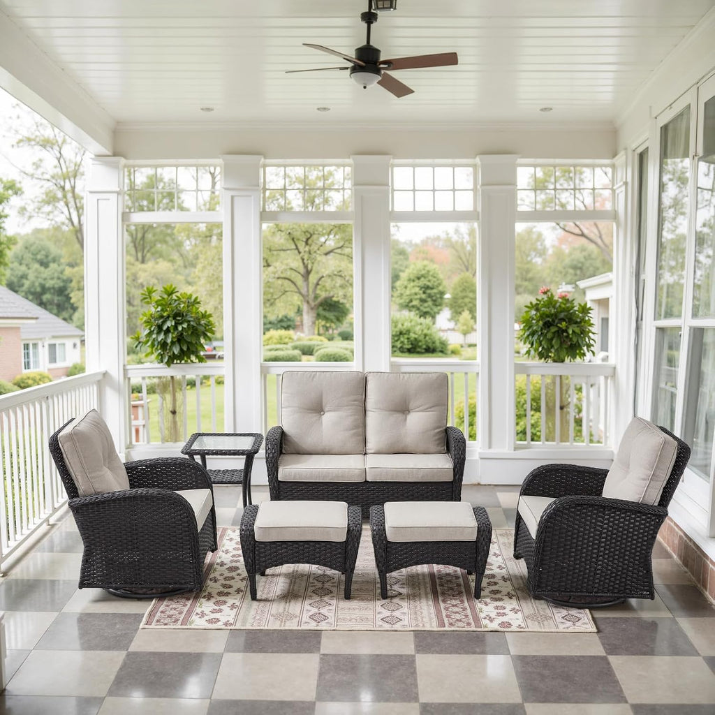 Belord 6 Pieces Wicker Patio Conversation Sets with Outdoor Swivel Rocker Chairs and Loveseat Glider Chair, All-Weather Rattan Furniture Set for Deck Patio Sunroom Backyard Black