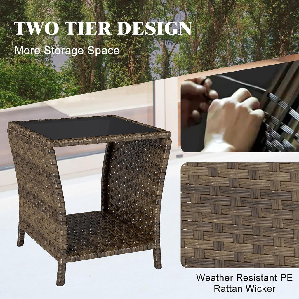 Outdoor Wicker Side Table, Set of 2 Rattan Side Tables End Table for Patio with Glass Top Rattan Storage for Patio Garden Balcony