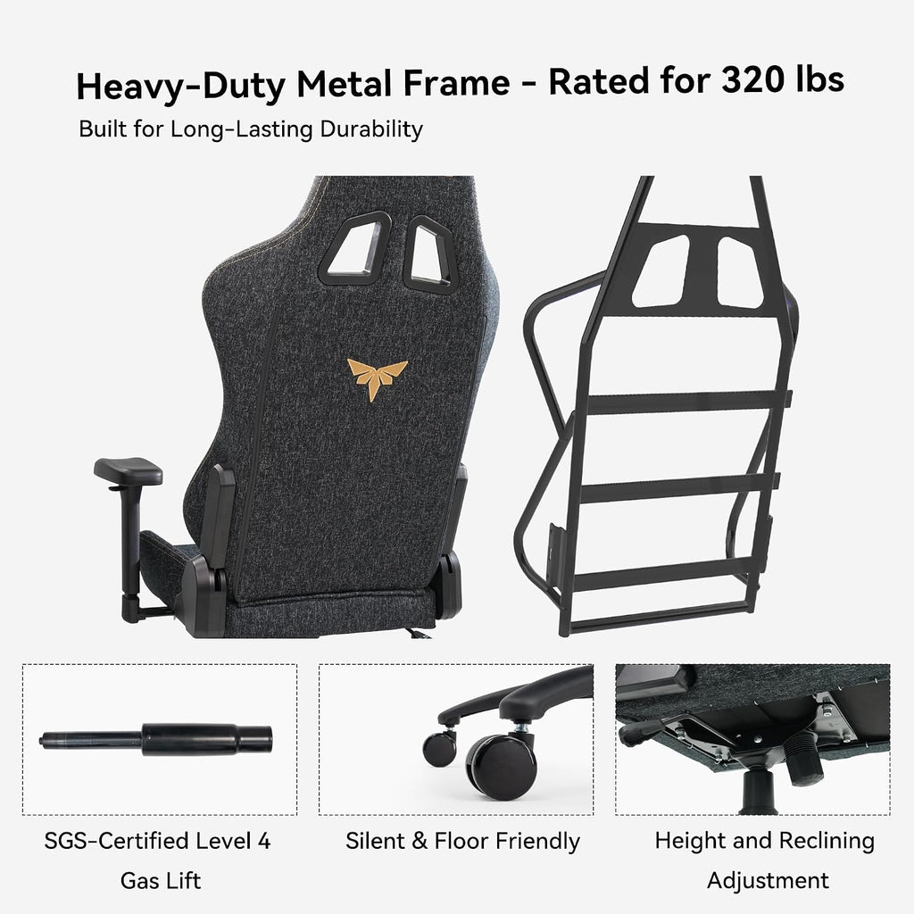 Gaming Chair 4D Adjustable Armrests - 170° Reclining & 320lb Capacity, High Back Ergonomic Computer Chair with Lumbar Support, Fabric Office Chair for Adults (Black)
