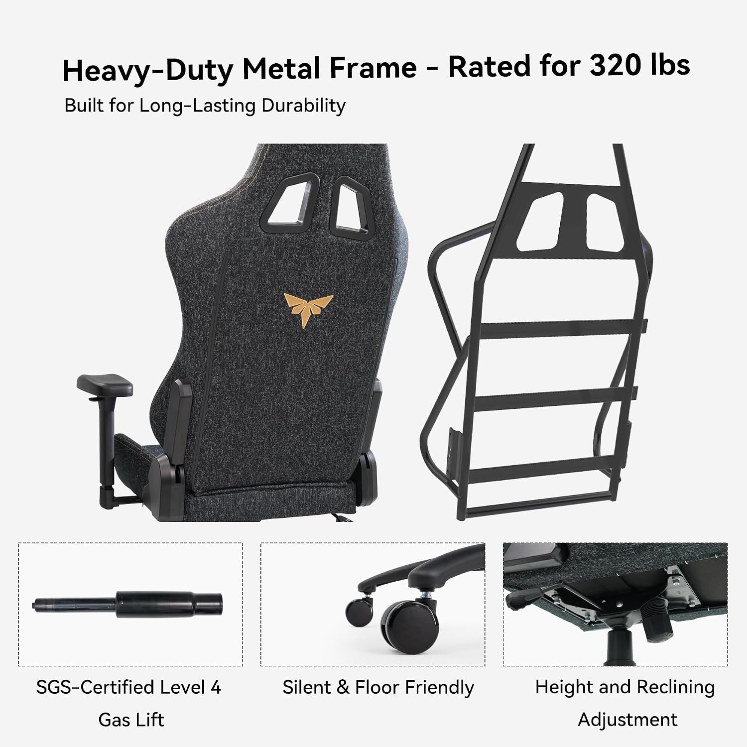 Gaming Chair 4D Adjustable Armrests - 170° Reclining & 320lb Capacity, High Back Ergonomic Computer Chair with Lumbar Support, Fabric Office Chair for Adults (Black)