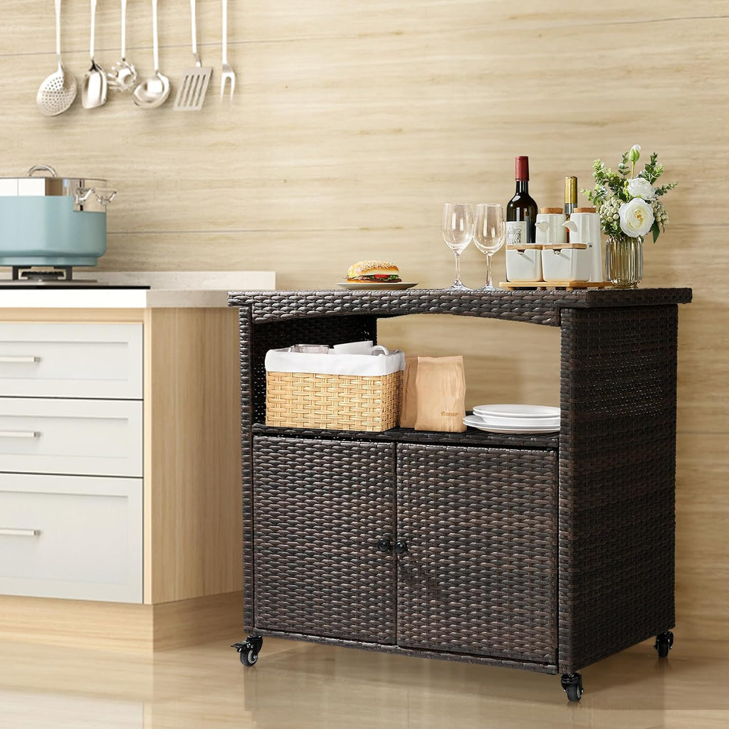 VINGLI Outdoor Storage Cabinet with Wheels, Waterproof Woven Rattan with Double Magnetic Doors, Mobile Multi-Purpose Cabinet for Storage, Buffet Server, Bar Table, Potting Bench (Wood Top)