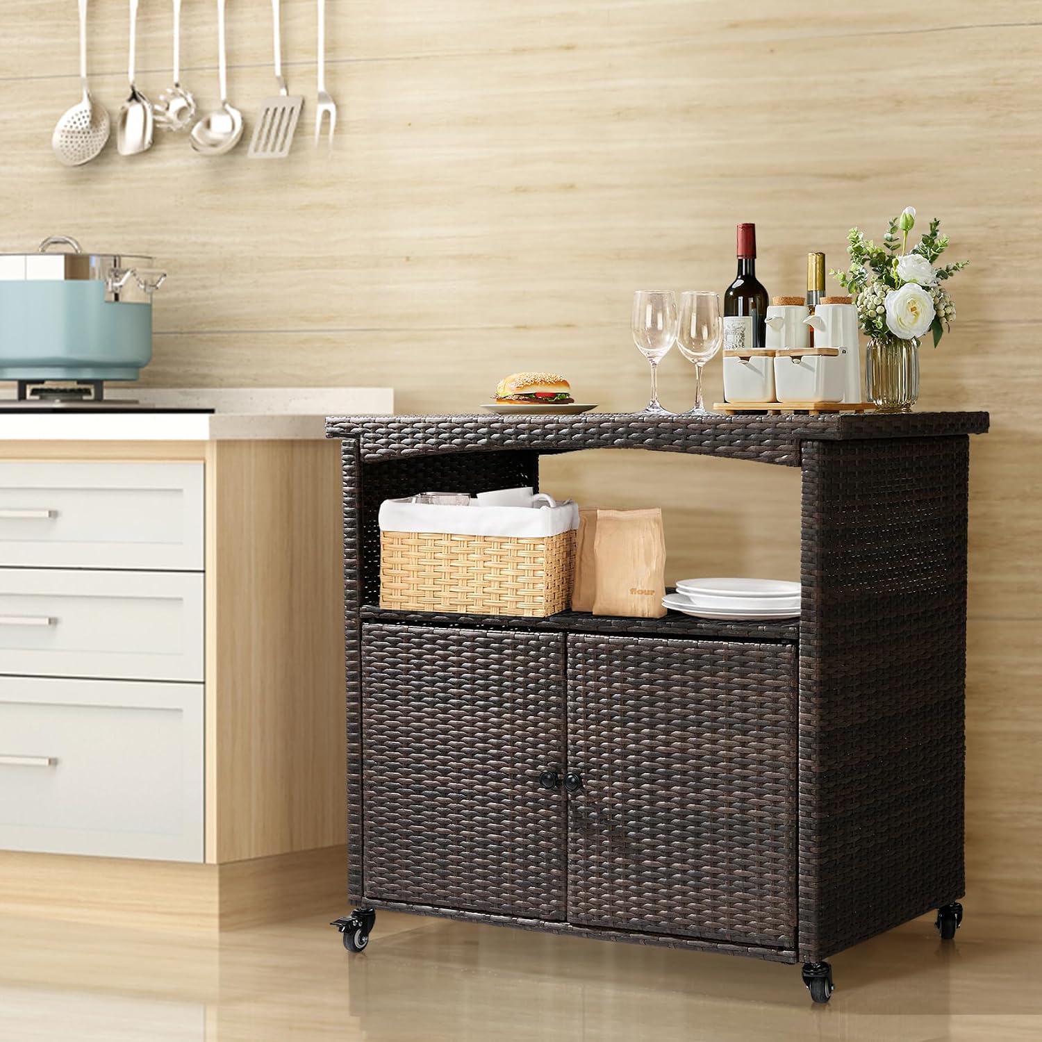 VINGLI Outdoor Storage Cabinet with Wheels, Waterproof Woven Rattan with Double Magnetic Doors, Mobile Multi-Purpose Cabinet for Storage, Buffet Server, Bar Table, Potting Bench (Wood Top)