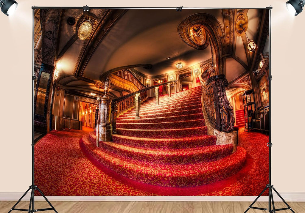 20X10ft Fabric Grand Red Carpet Ornate Gold Staircase Lobby Backdrop Luxury Theater Background for Party Decorations Wall Hanging Photo Studio Props