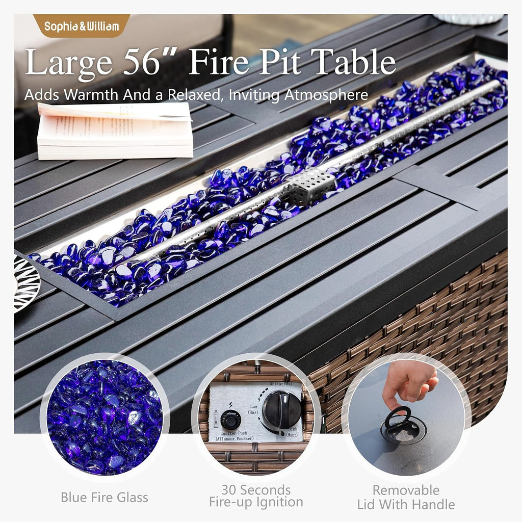 Sophia & William Patio Furniture Set with 56' Fire Pit Table, Metal Outdoor Conversation Set Patio Sectional with 3-Seater Sofas, 2 Fixed Chairs, 2 Ottomans, 1 Firepit Table for Porch Deck, Blue