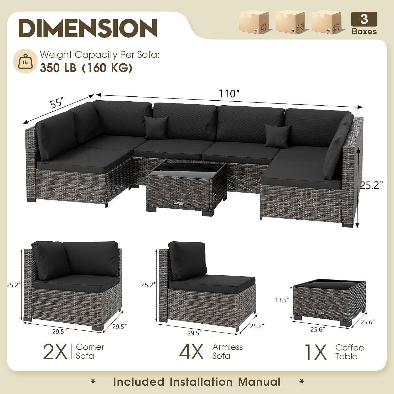 LHBcraft 7 Piece Patio Outdoor Furniture Set, Outdoor Sectional, All-Weather Hand-Woven Wicker Black Patio Sectional, Rattan Outside Furniture with Cushion and Glass Coffee Table