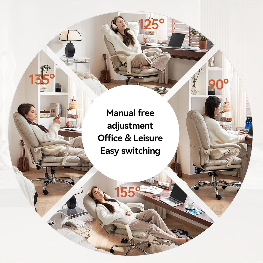 EMIAH Ergonomic Office Chair with Foot Rest Criss Cross Chair with Wheels Reclining Executive Office Chair Mid Back PU Leather Swivel Computer Chairs Lumbar Support for Home Office (Beige)