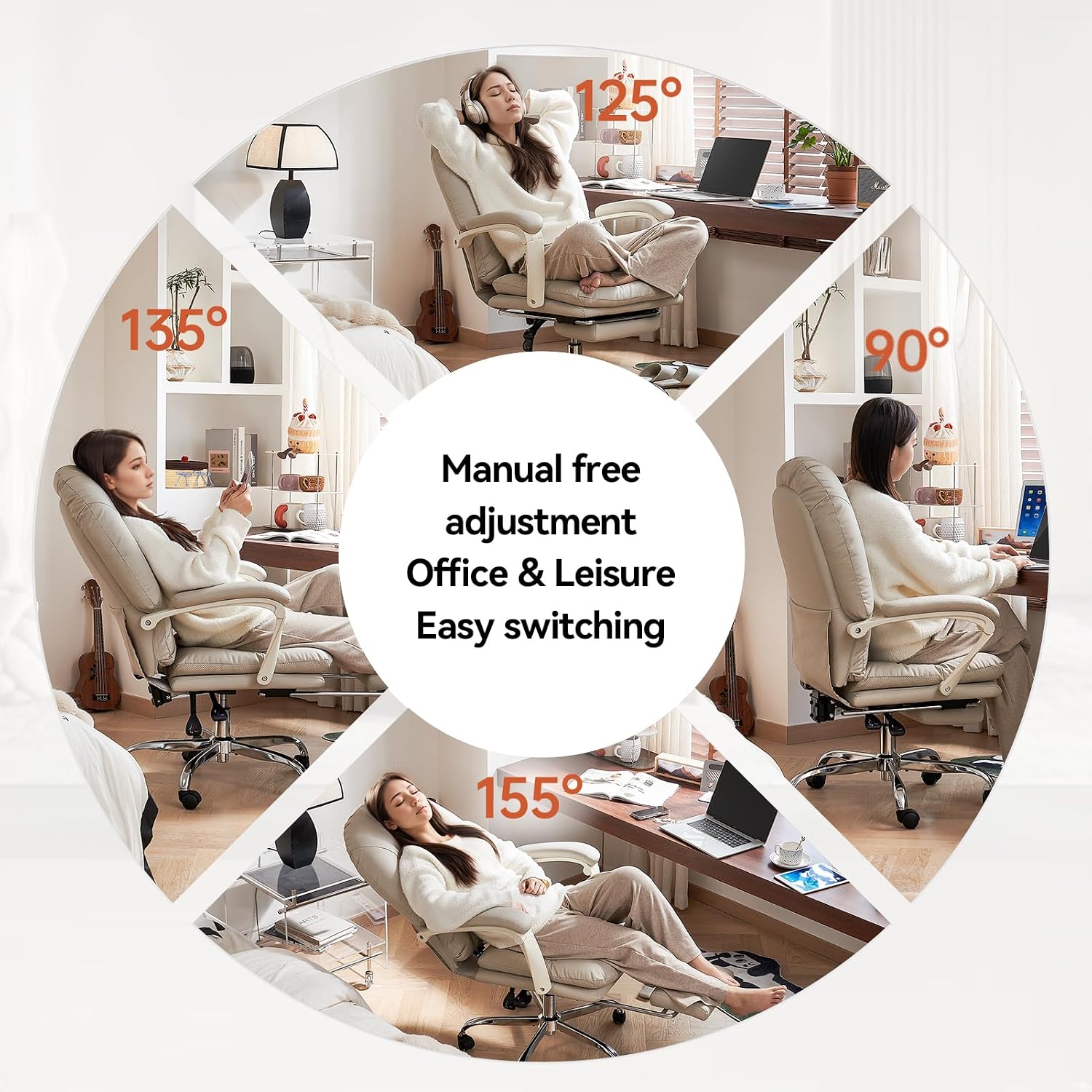 EMIAH Ergonomic Office Chair with Foot Rest Criss Cross Chair with Wheels Reclining Executive Office Chair Mid Back PU Leather Swivel Computer Chairs Lumbar Support for Home Office (Beige)
