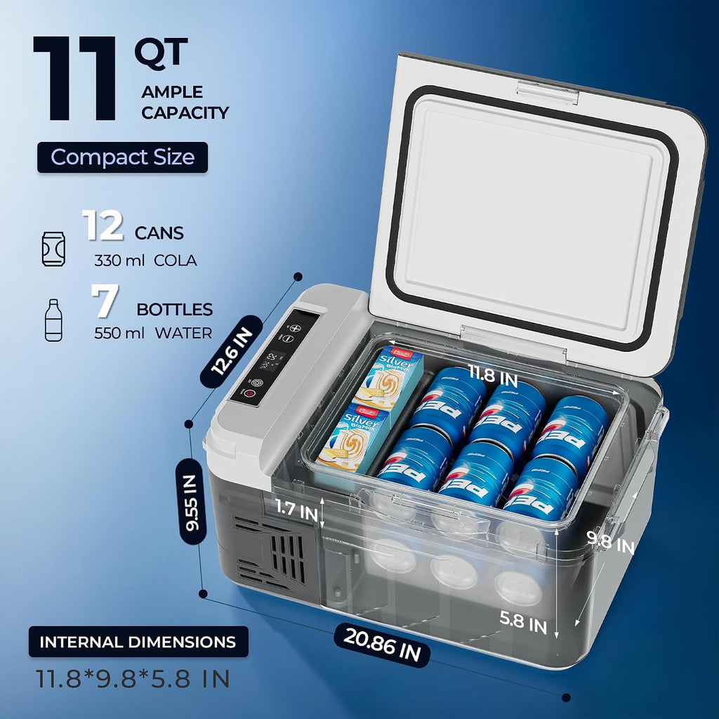 EKOJUCE 12 Volt Car Refrigerator, 11 Quart (10L) Electric Compressor Cooler -4℉~68℉, Car Fridge 12/24V DC & 100-240V AC, Portable Freezer for Camping, RV, Truck, Travel, Outdoor