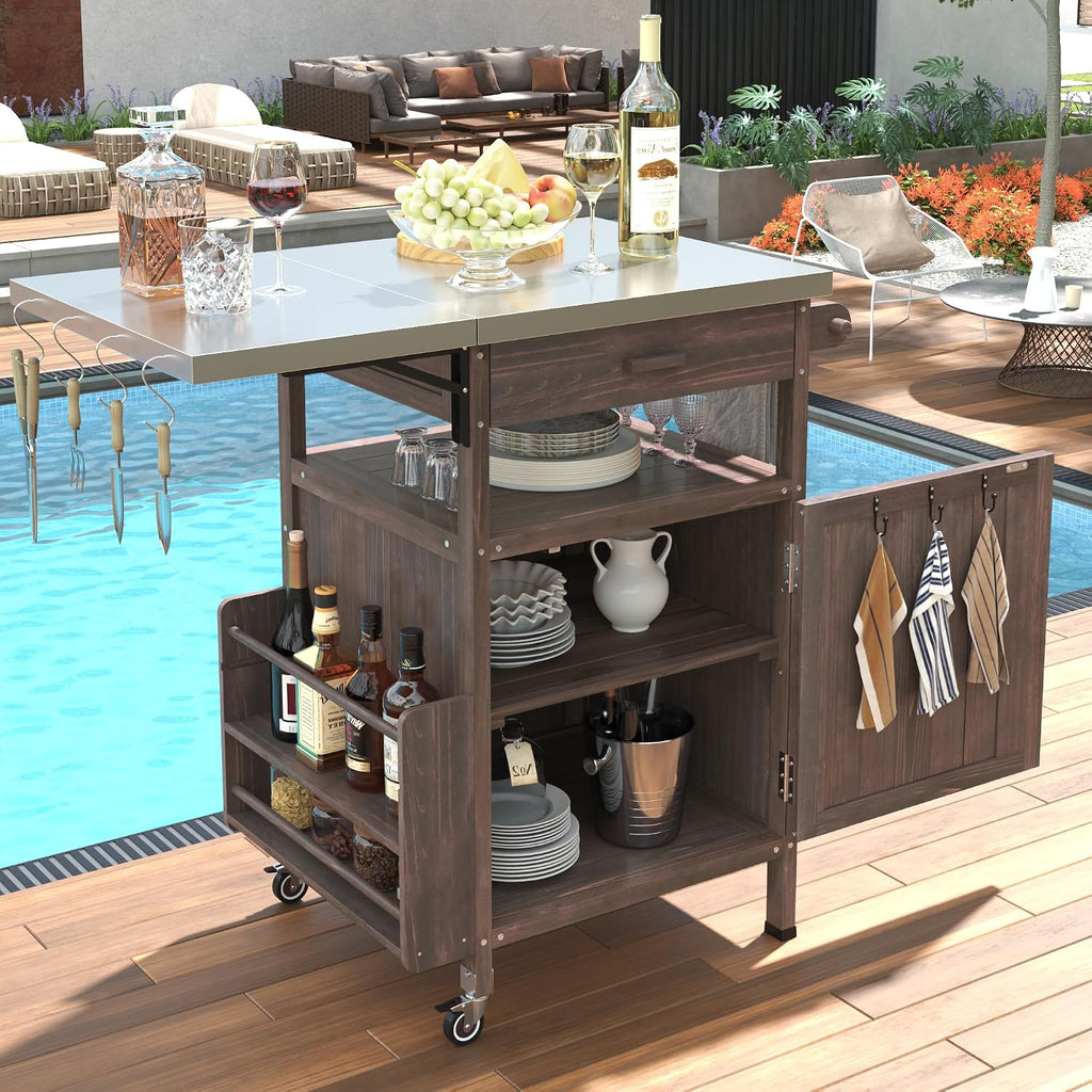 40.5' Outdoor Grill Cart with Stainless Steel Top, Solid Wood Outdoor Storage Cabinet with Drop Leaf, One Drawer, Towel Rack, Rolling Kitchen Cart with Lockable Wheels for Lawn Garden, Brown