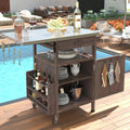 Solid Wood Outdoor Small Grill Table Kitchen Island with Stainless Steel Drop Leaf, Farmhouse Serving Cart with Drawer and Wheels, Outdoor Side Bar Table for Patio, Lawn Garden, Kitchen, Brown