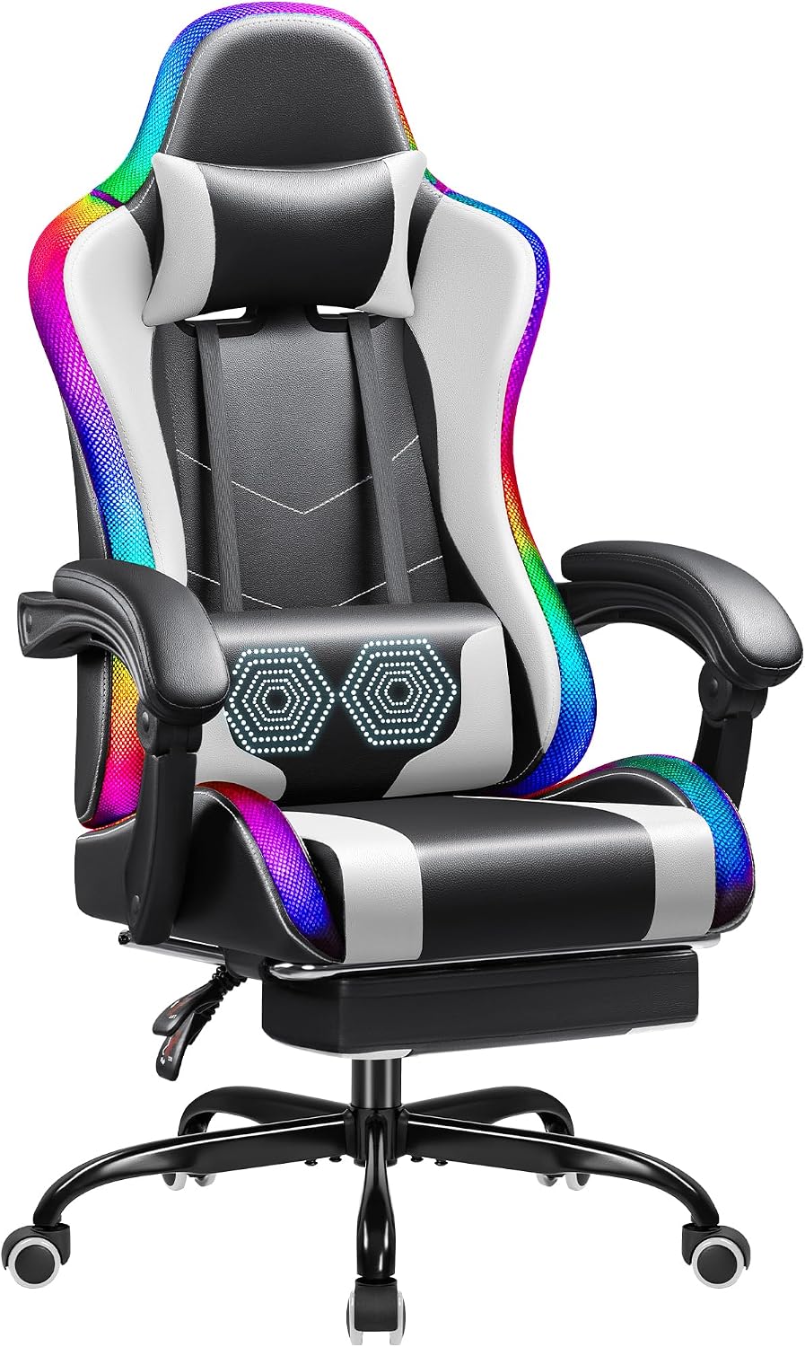 Shahoo Gaming Chair with LED Lights, Footrest and Massage Lumbar Support, Ergonomic Computer Seat Height Adjustable with 360°Swivel and Headrest, White with RGB
