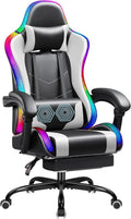 Shahoo Gaming Chair with LED Lights, Footrest and Massage Lumbar Support, Ergonomic Computer Seat Height Adjustable with 360°Swivel and Headrest, White with RGB