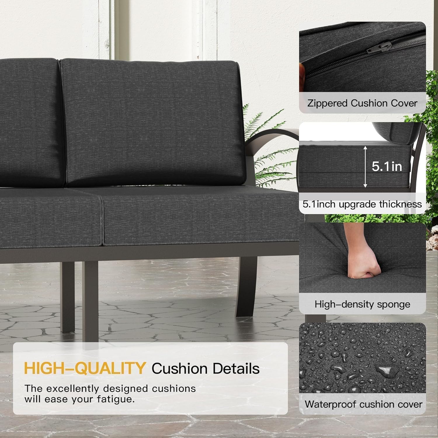 Aluminum Outdoor Patio Conversation Furniture Set,5 Seats Metal Modern Outdoor Furniture with Coffee Table & Washable 5.1' Thick Cushions,Patio Sectional for Backyard,Patio,Black