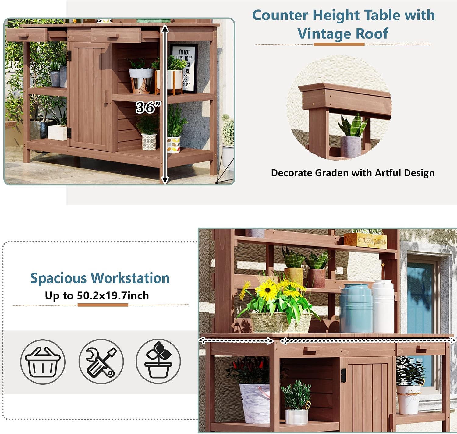 Merax 66' Large Outdoor Farmhouse Wooden Potting Bench Table, Garden Workstation with 2 Drawers, Cabinet, and Open Shelves for Backyard, Mudroom, Brown