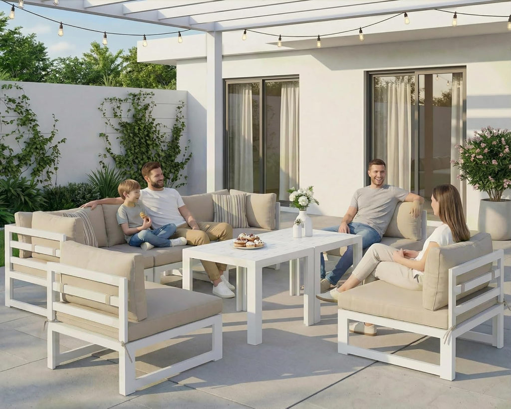 NICESOUL 8 Piece Modern Aluminum Patio Furniture Set, 500lbs Heavy Duty Durable Outdoor Sectional Sofa, 29' Deep Wide Oversized Seating, L Shaped Comfortable Conversation Couch for Garden Deck, Beige