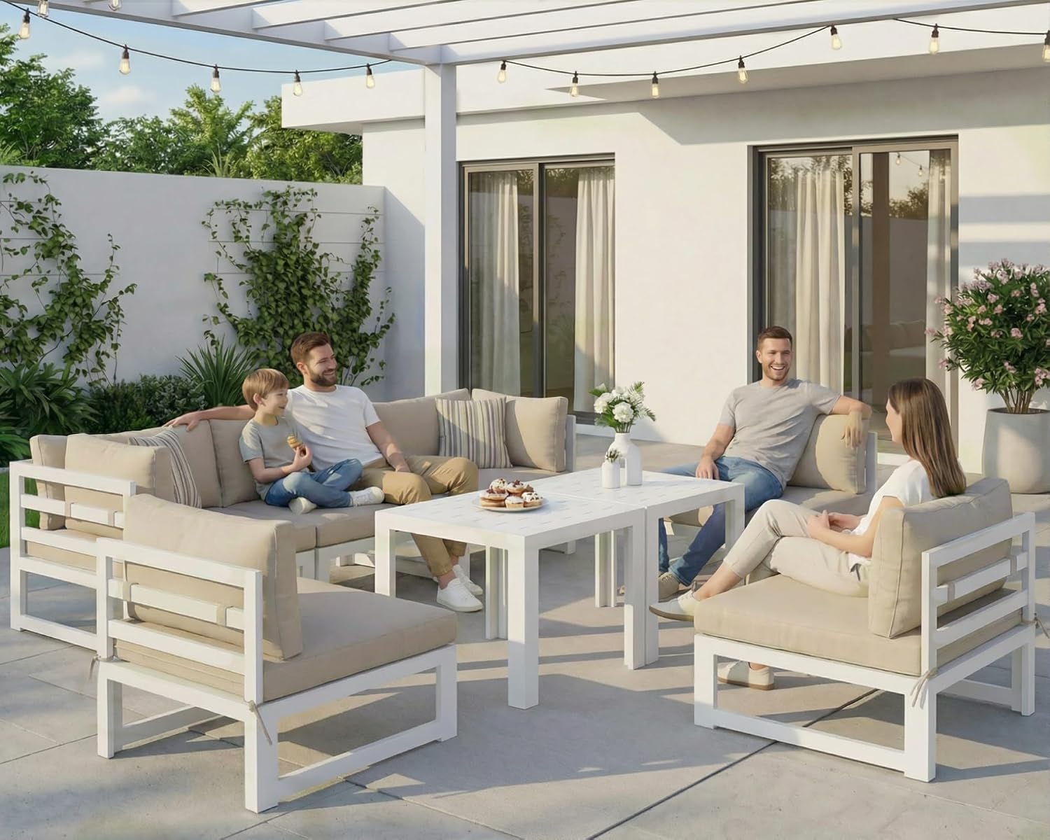 NICESOUL 8 Piece Modern Aluminum Patio Furniture Set, 500lbs Heavy Duty Durable Outdoor Sectional Sofa, 29' Deep Wide Oversized Seating, L Shaped Comfortable Conversation Couch for Garden Deck, Beige