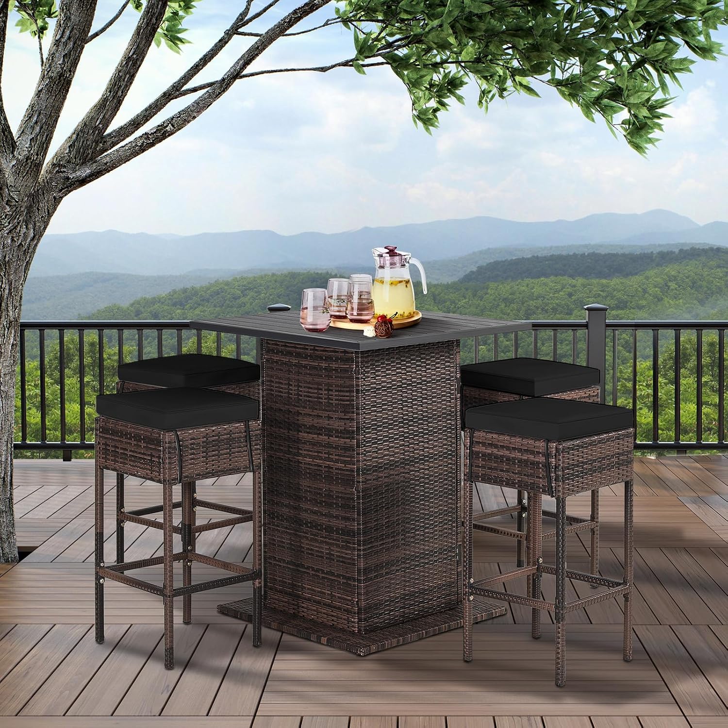 Tangkula 5 Piece Outdoor Rattan Bar Set, Patio Bar Furniture with 4 Cushions Stools and Smooth Top Table with Hidden Storage Shelf, Outdoor Conversation Set for Poolside, Backyard, Lawn