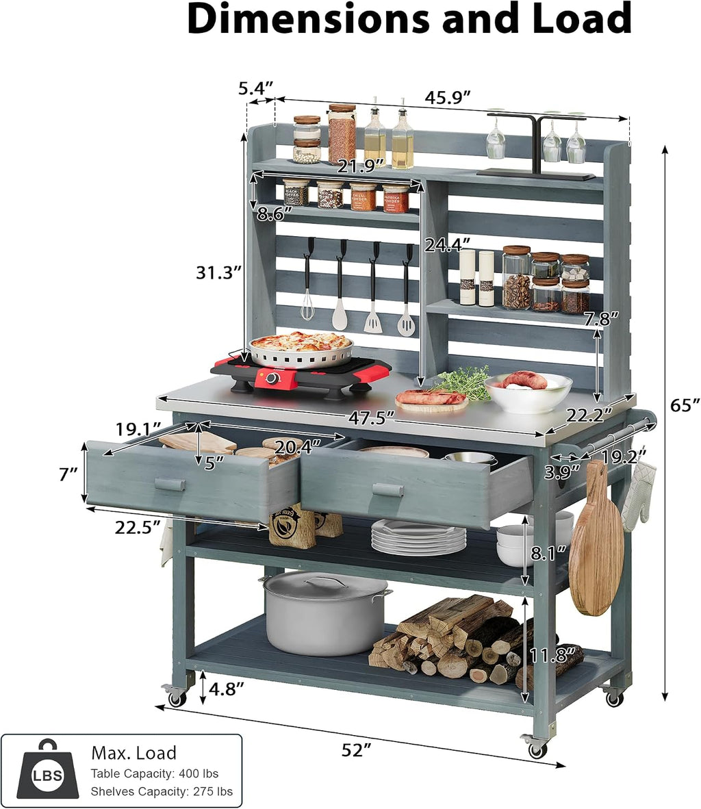 H Outdoor Potting Bench Table with Lockable Wheels, Solid Wood Outdoor Kitchen Island with Upper Hutch, Stainless Steel Top, Storage for Grilling, Lawn & Garden (Grey+Blue/F, 64.9')