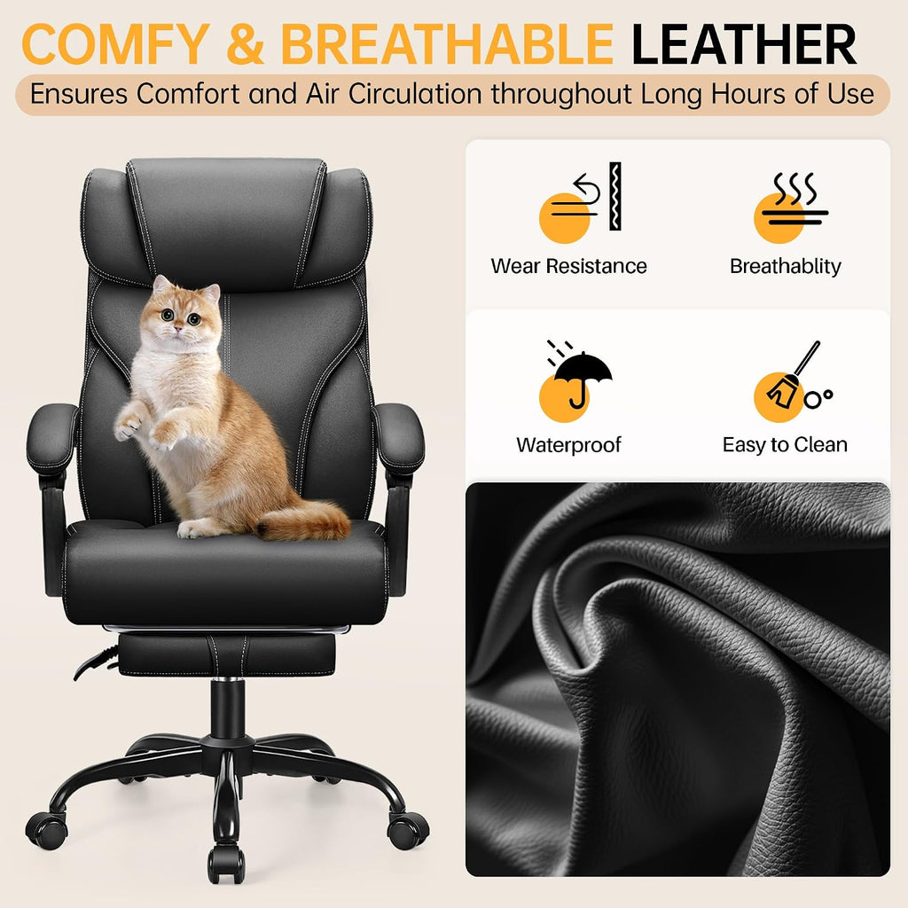HeroSet Office Chair, Executive Big and Tall Leather Desk Chairs with Footrest, Ergonomic Breathable Computer Chair with Adjustable High Back, Lumbar Support Swivel PC Chairs
