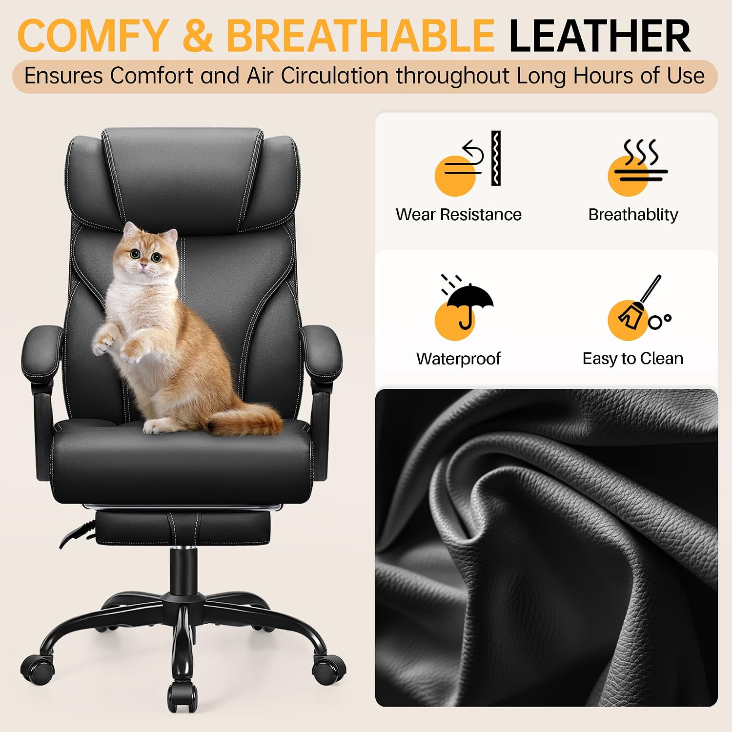 HeroSet Office Chair, Executive Big and Tall Leather Desk Chairs with Footrest, Ergonomic Breathable Computer Chair with Adjustable High Back, Lumbar Support Swivel PC Chairs