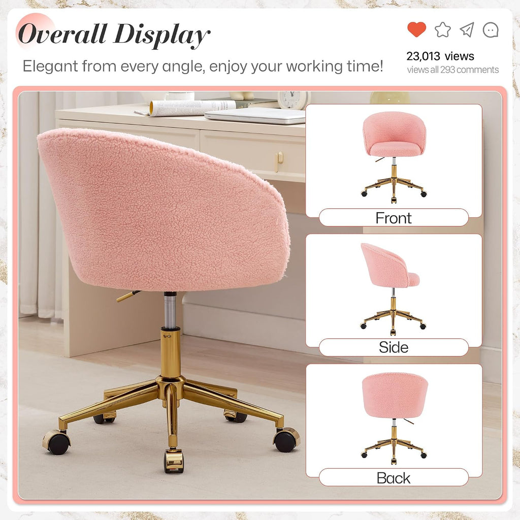 KCC Faux Fur Office Desk Chair, Comfy Fluffy Swivel Modern Leisure Armchair with Wheels, Upholstered Comfy Fuzzy Vanity Makeup Chair Height Adjustable for Teens Women Girls Elegant Home Office(Pink)