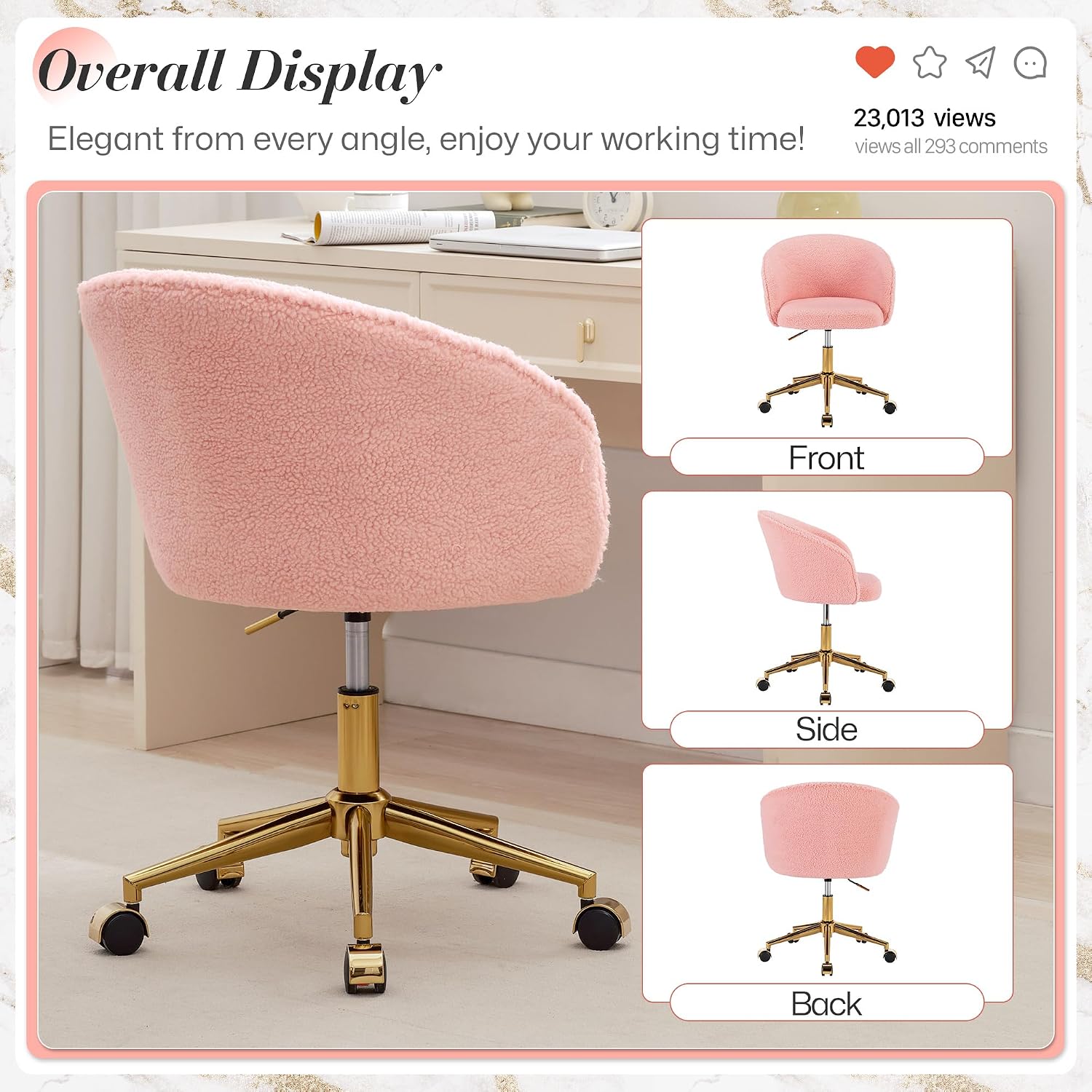KCC Faux Fur Office Desk Chair, Comfy Fluffy Swivel Modern Leisure Armchair with Wheels, Upholstered Comfy Fuzzy Vanity Makeup Chair Height Adjustable for Teens Women Girls Elegant Home Office(Pink)