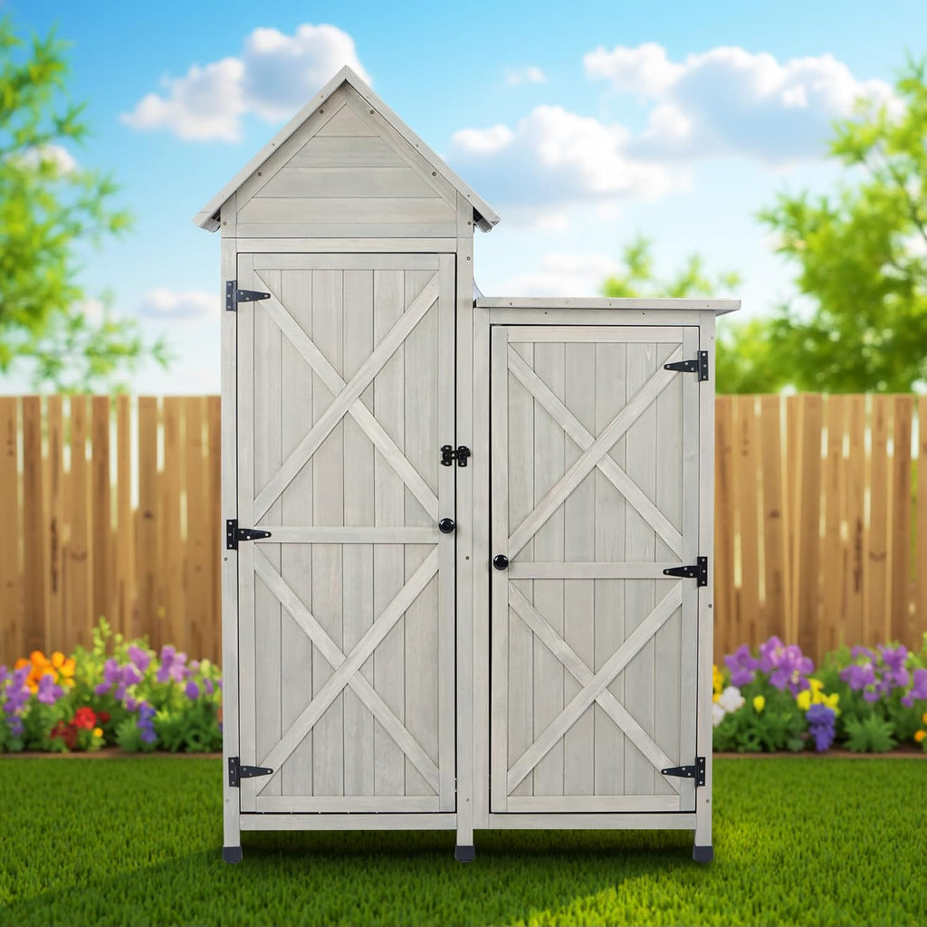 Outdoor Storage Cabinet|Waterproof Metal Roof & Wooden Vertical Design, Tall Garden Tool Shed with Multiple Shelves for Patio, Backyard, Lawn, Yard,Outdoor Storage shed