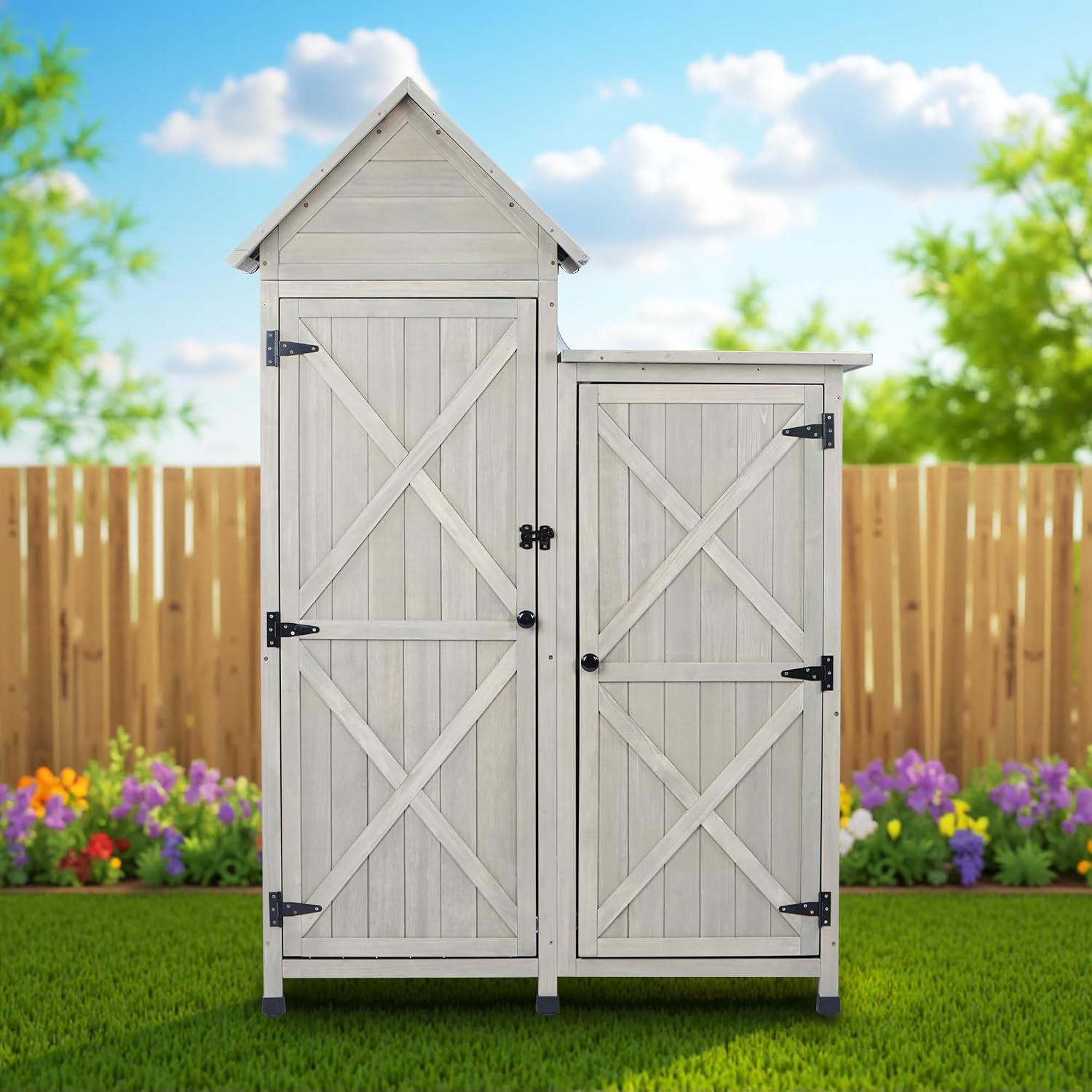 Outdoor Storage Cabinet|Waterproof Metal Roof & Wooden Vertical Design, Tall Garden Tool Shed with Multiple Shelves for Patio, Backyard, Lawn, Yard,Outdoor Storage shed