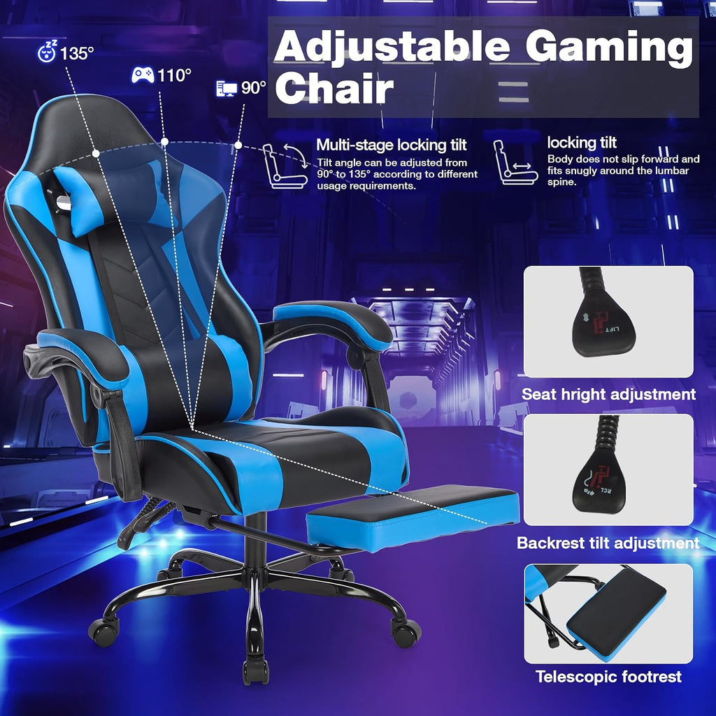 Gaming Chair with Footrest, Ergonomic Computer Chair with Headrest and Lumbar Support, Breathable Material Height Adjustable Swivel Video Game Chairs for Adults, 300lbs Max, Black & Blue