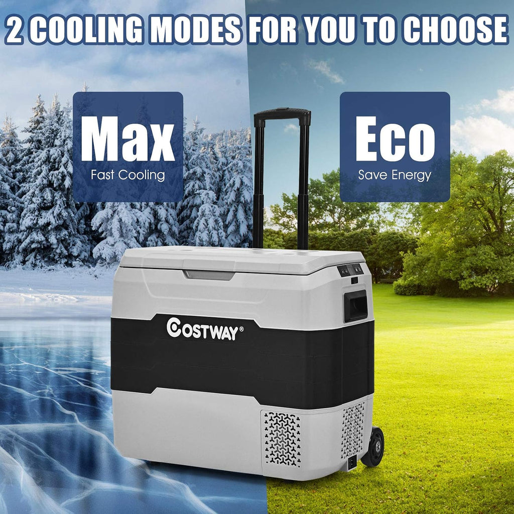 COSTWAY Car Refrigerator with Wheels, 42-Quart Dual-zone Electric Cooler with Telescopic Handle, 12V/24V DC, 100-240V AC, -4°F To 50°F, Portable Fridge Freezer for RV Camping Travel, Grey+Black
