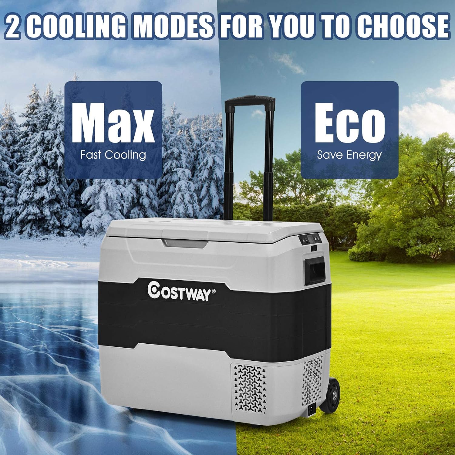 COSTWAY Car Refrigerator with Wheels, 53-Quart Dual-zone Electric Cooler with Telescopic Handle, 12V/24V DC, 100-240V AC, -4°F To 50°F, Portable Fridge Freezer for RV Camping Travel, Grey+Black