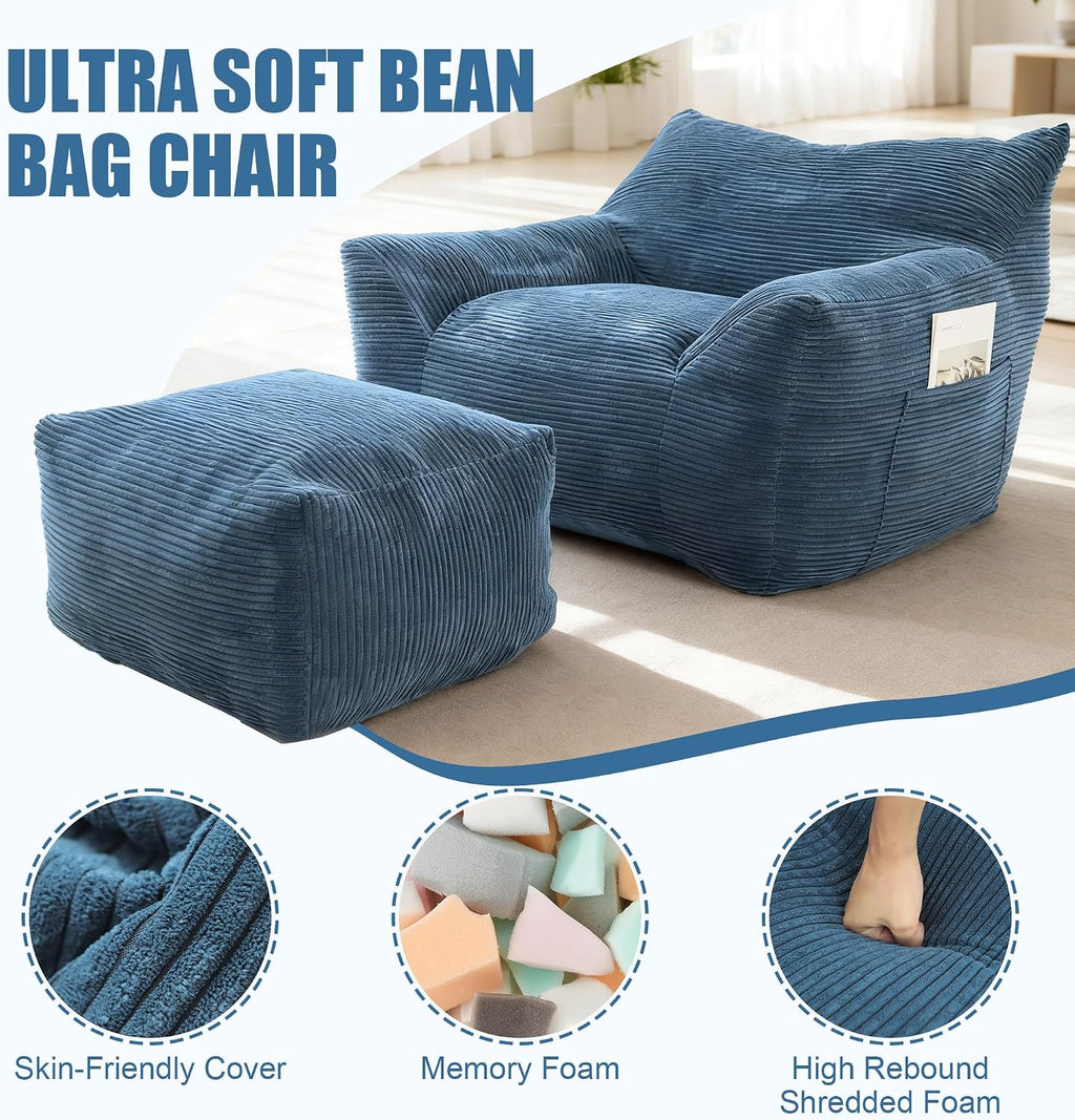 Giant Bean Bag Chair with Ottoman, Comfy Bean Bag Couch with 2 Side Pocket, Corduroy Boneless Couch Chair in a Box, Stuffed Lounge Floor Sofa for Dorm, Bedroom, Living Room, Blue