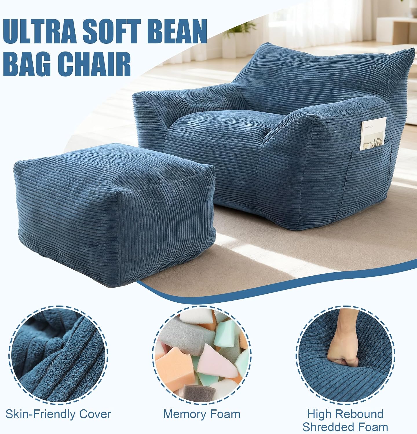 Giant Bean Bag Chair with Ottoman, Comfy Bean Bag Couch with 2 Side Pocket, Corduroy Boneless Couch Chair in a Box, Stuffed Lounge Floor Sofa for Dorm, Bedroom, Living Room, Blue