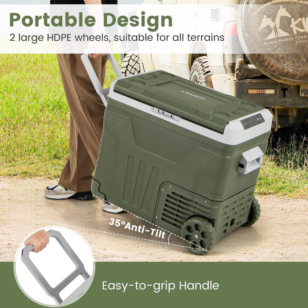 COSTWAY Car Refrigerator with Wheels, 53-Quart Electric Cooler, 12V/24V DC, 100-240V AC, -4°F To 68°F, Portable Car Fridge Freezer with Pull Handle & 2 Wheels for RV Camping, Black