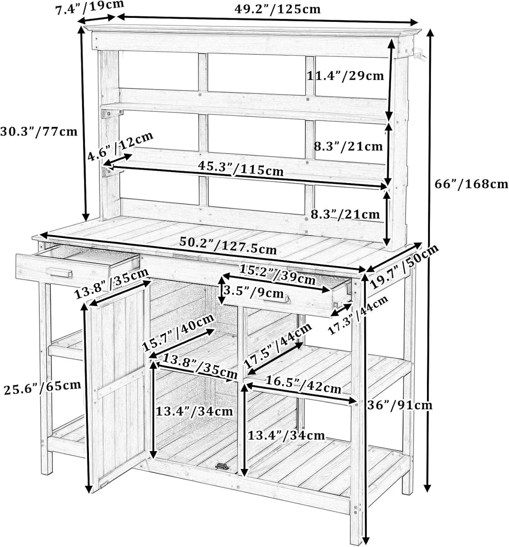 Outdoor Potting Bench Table, Farmhouse Wooden Garden Workstation with 2 Drawers, Cabinet and Open Shelves for Backyard, Mudroom, Brown