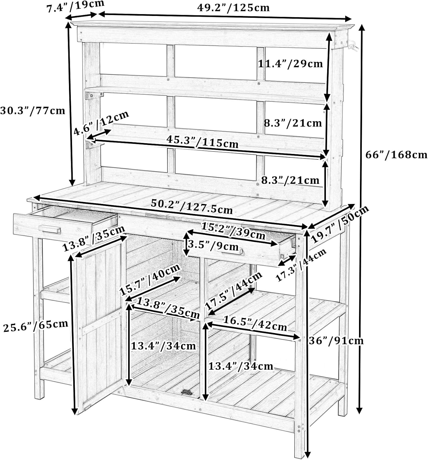 Outdoor Potting Bench Table, Farmhouse Wooden Garden Workstation with 2 Drawers, Cabinet and Open Shelves for Backyard, Mudroom, Brown