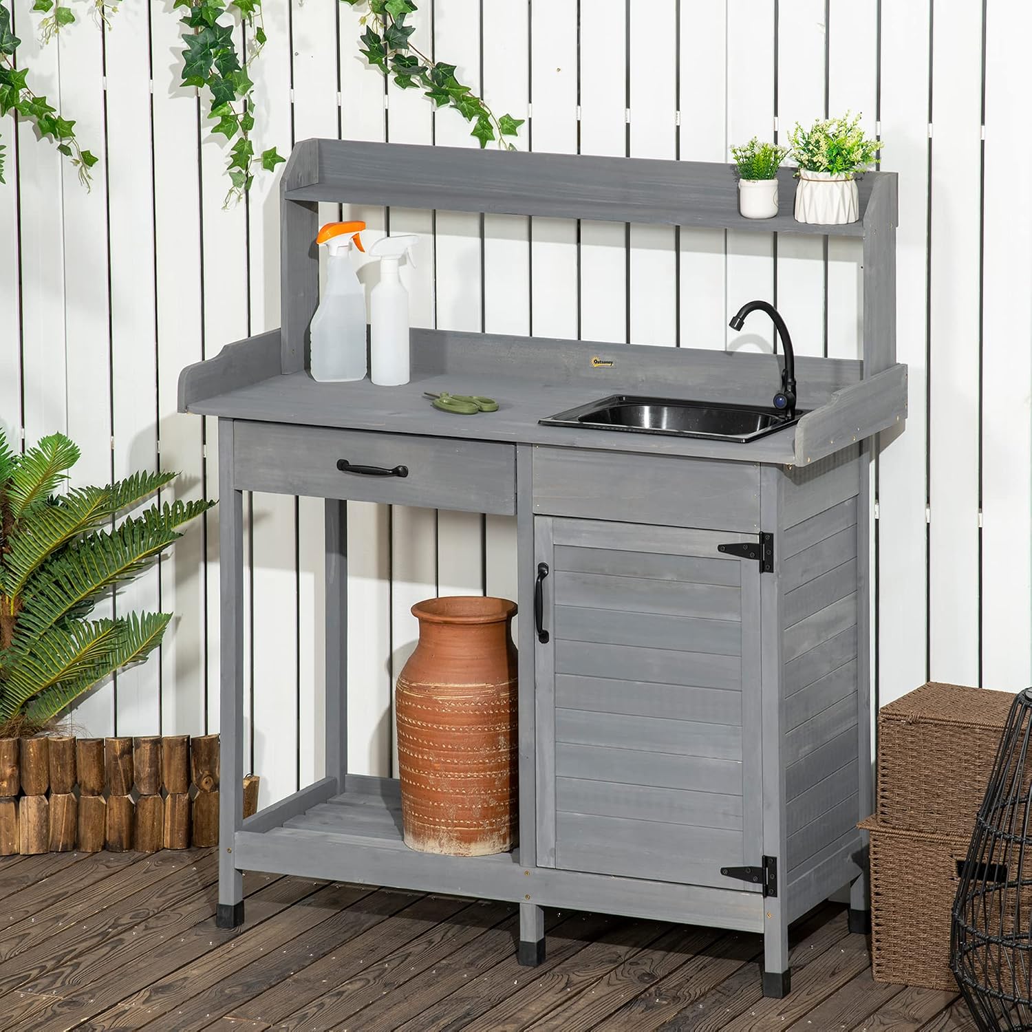 Outsunny Potting Bench Table with Removable Sink, Outdoor Work Bench Table with Storage Cabinet, Hooks, Faucet and Drawer for Greenhouse, Garden, Patio, Gray