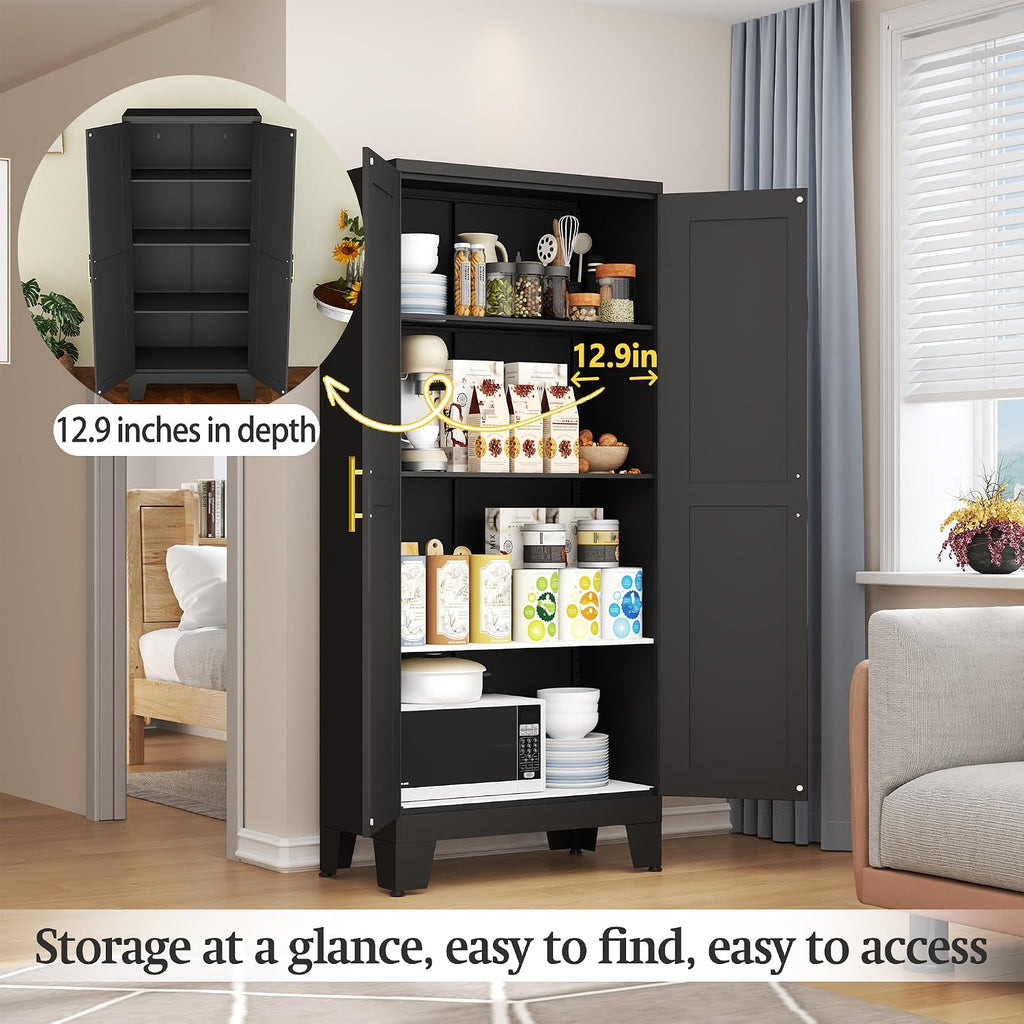 Black Metal Storage Cabinet, 61' Steel Cabinets for Home Office, Kitchen Pantry Storage Cabinet with Doors and 3 Adjustable Shelves, Metal Tool Cabinet, for Office, Home, Garage, School