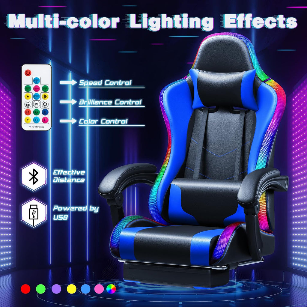 Shahoo Gaming Chair with LED Lights, Footrest and Massage Lumbar Support, Ergonomic Computer Seat Height Adjustable with 360°Swivel and Headrest, Blue with RGB
