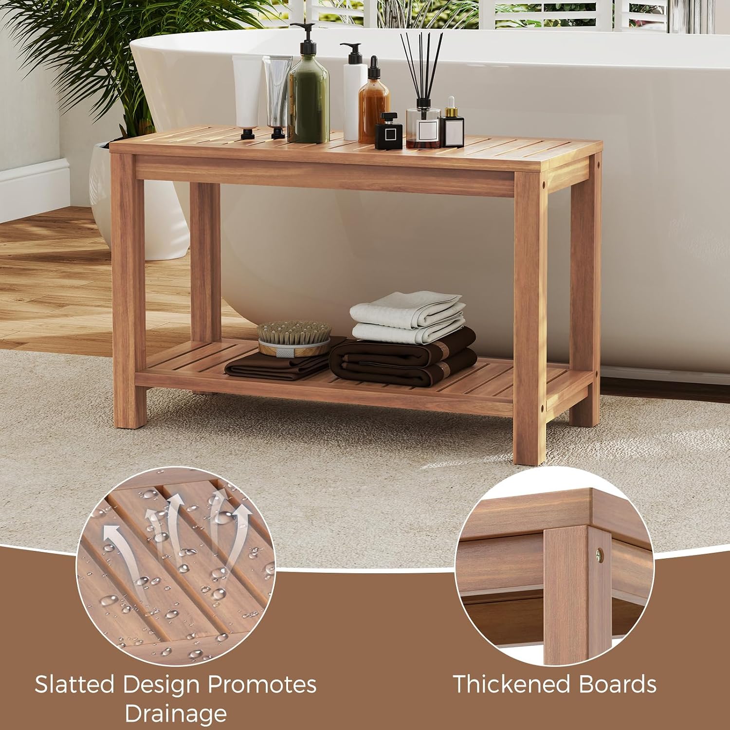 Giantex Teak Shower Bench with Shelf, 30 Inch Shower Stool with Slatted Seat for Elderly Seniors, Waterproof Bathroom Spa Bathing Seat Foot Rest Entryway Bench for Indoor and Outdoor Use